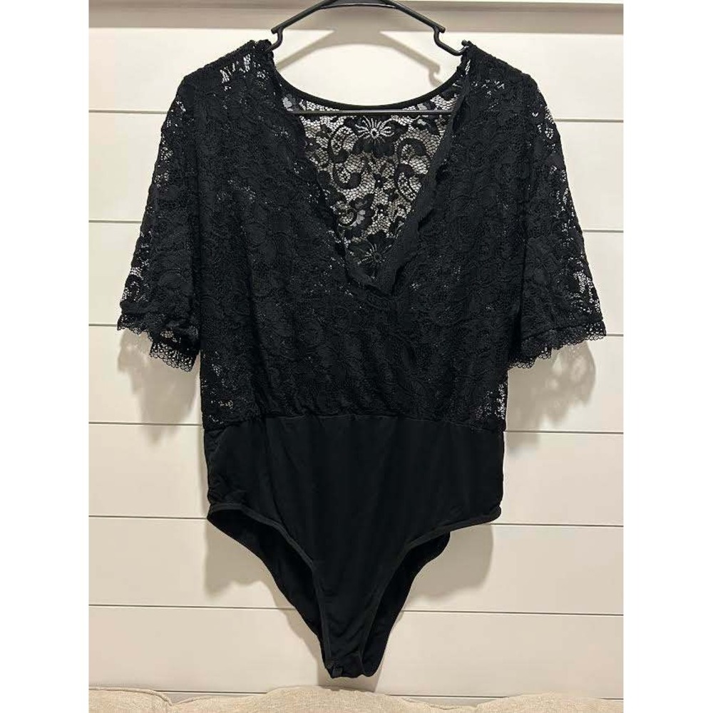 Black Floral Lace V-Neck Short Sleeve Bodysuit XXXL Plus Size